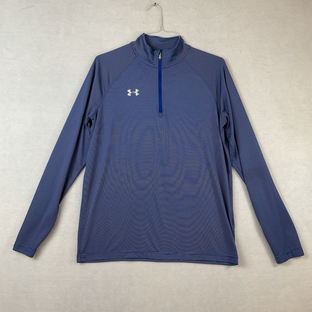 Under Armour 1/4 Zip Pullover Mens M Blue Striped Loose Fit Heatgear Long Sleeve